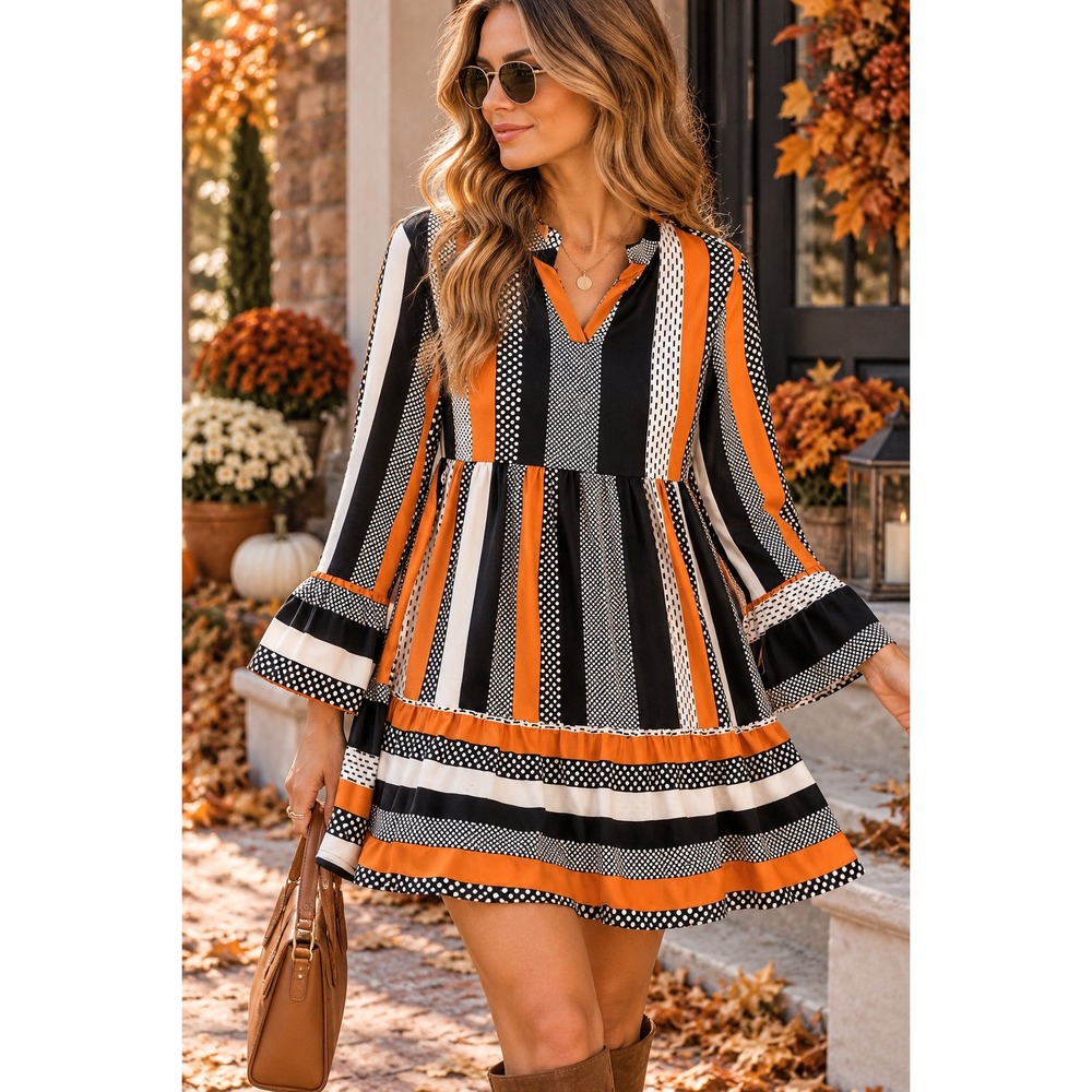 NWT Patchwork Babydoll Mini Dress Orange Black Striped Polka Dot Little Daisy S